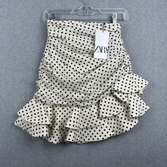 Zara Dresses & Skirts - Zara Skirt Womens XS White Polka Dot Ruffle Ruched Mini Satin Lined Party NWT